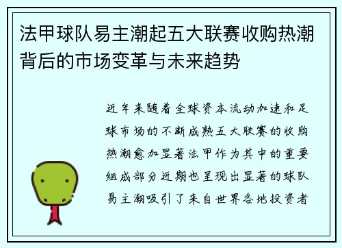 法甲球队易主潮起五大联赛收购热潮背后的市场变革与未来趋势